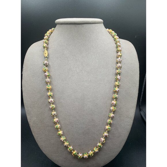 Champleve Cloissone Necklace Long Handknotted Pink Green Gold Red Colorful Beads - Picture 2 of 7